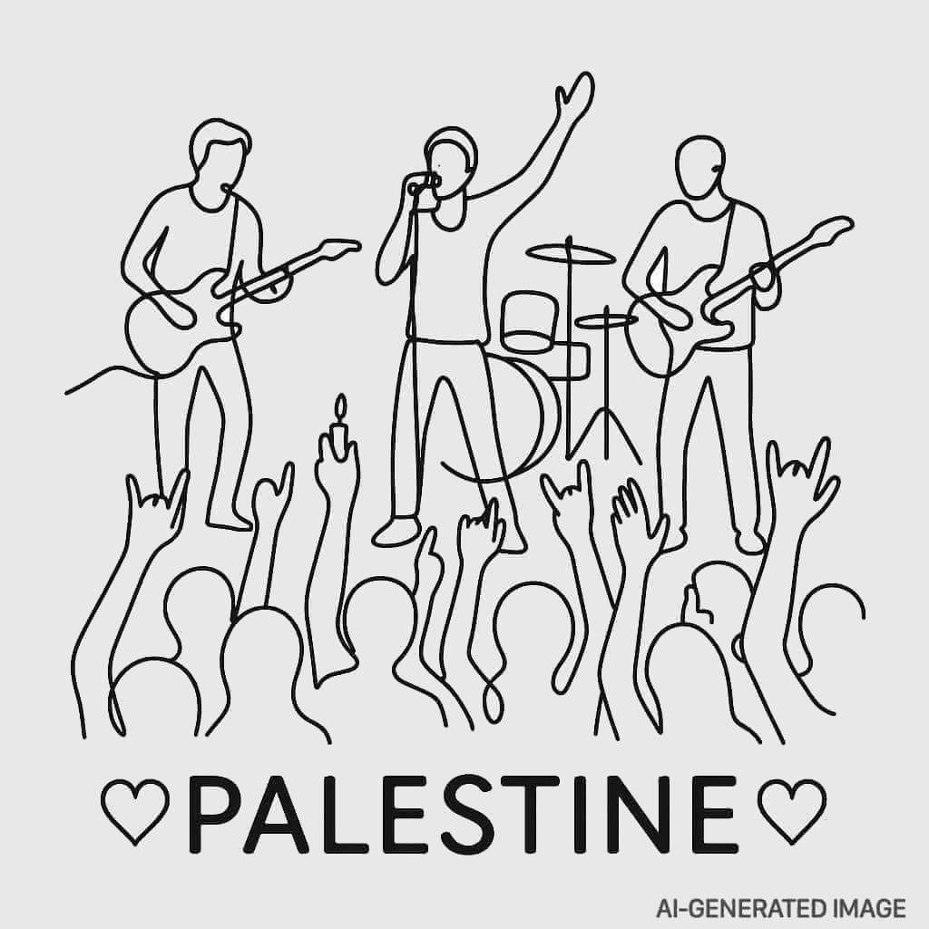 Continuous line drawing of a concert for Palestine.