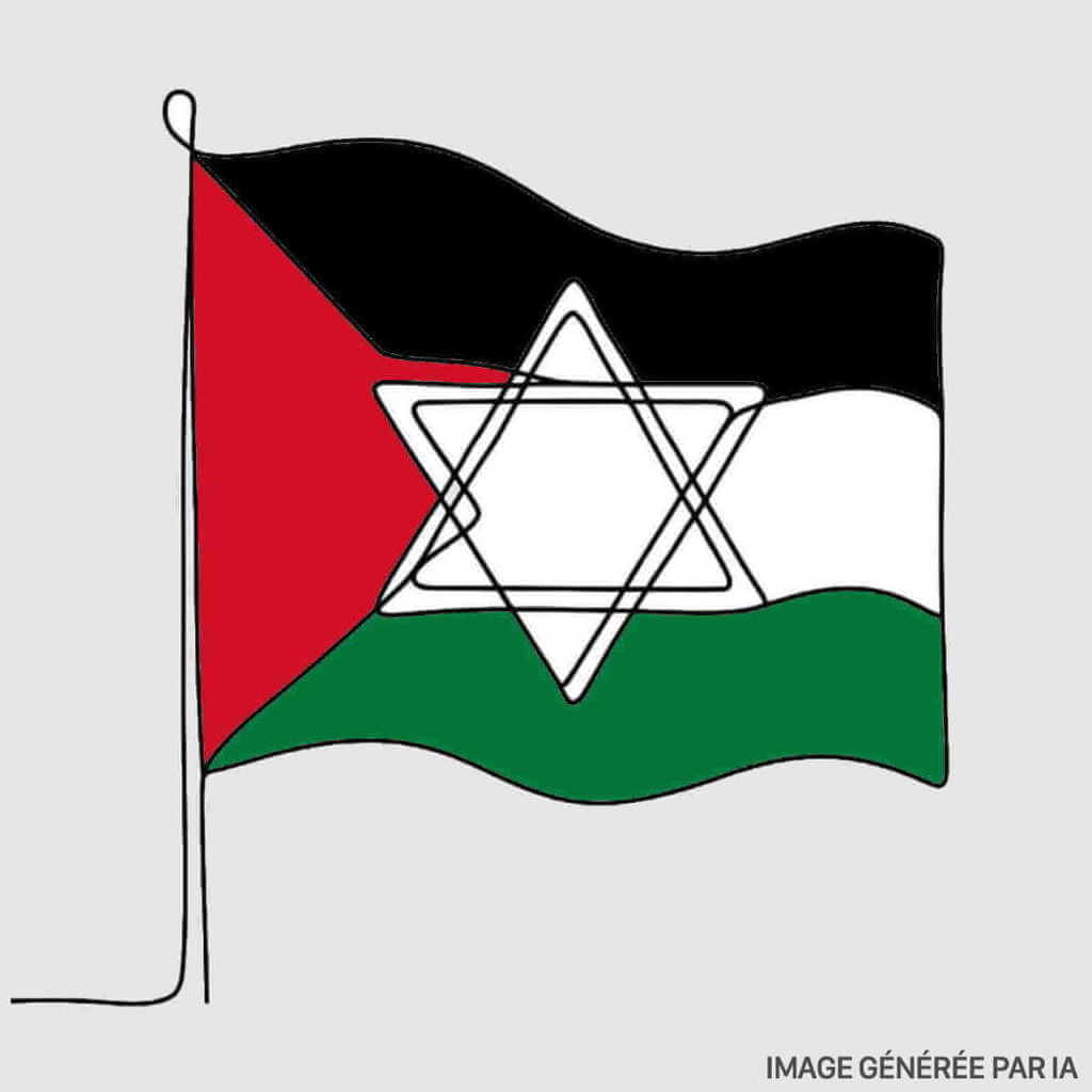 Représentation artistique du drapeau palestinien traversé par une étoile de David.