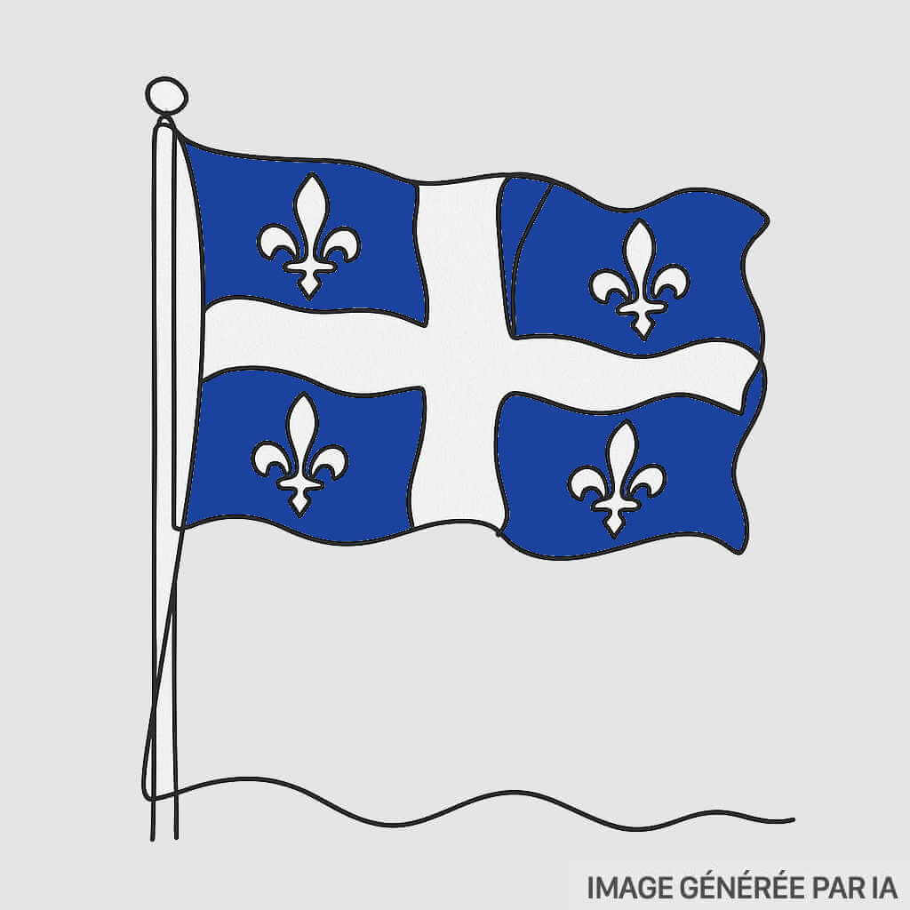 Illustration en ligne continue d’un drapeau du Québec ondulant au vent, avec des contours fluides évoquant le mouvement du tissu et les quatre fleurs de lys stylisées.