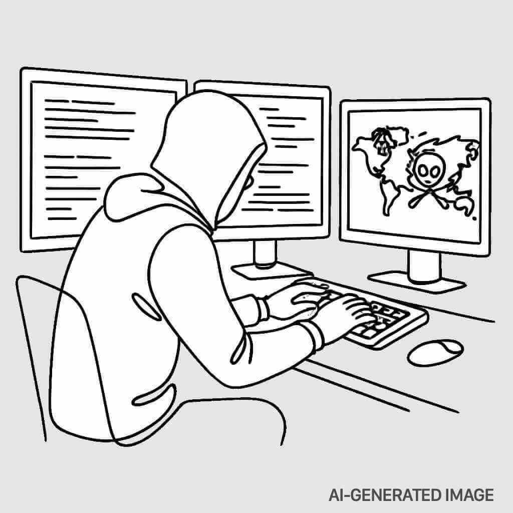 Symbolic representation of the violence of computer hacking, used here to silence a critical voice through invisible but targeted digital means.